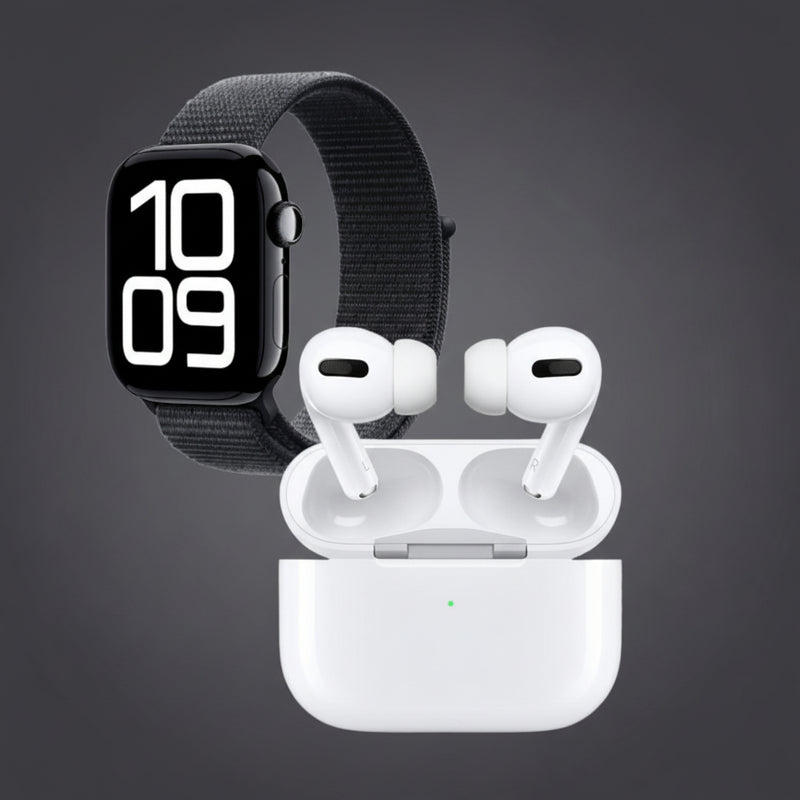 Smartwatch and wireless earbuds with charging case on a dark background